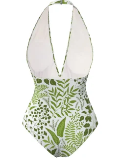 Hot Retro Stage 1960s Plant Print Halter One-Piece Swimsuit Green