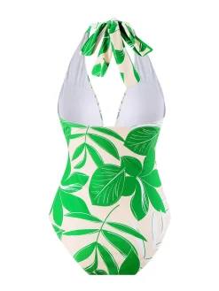 Sale Retro Stage 1960s Plant Prints Halter One-Piece Swimsuit Green