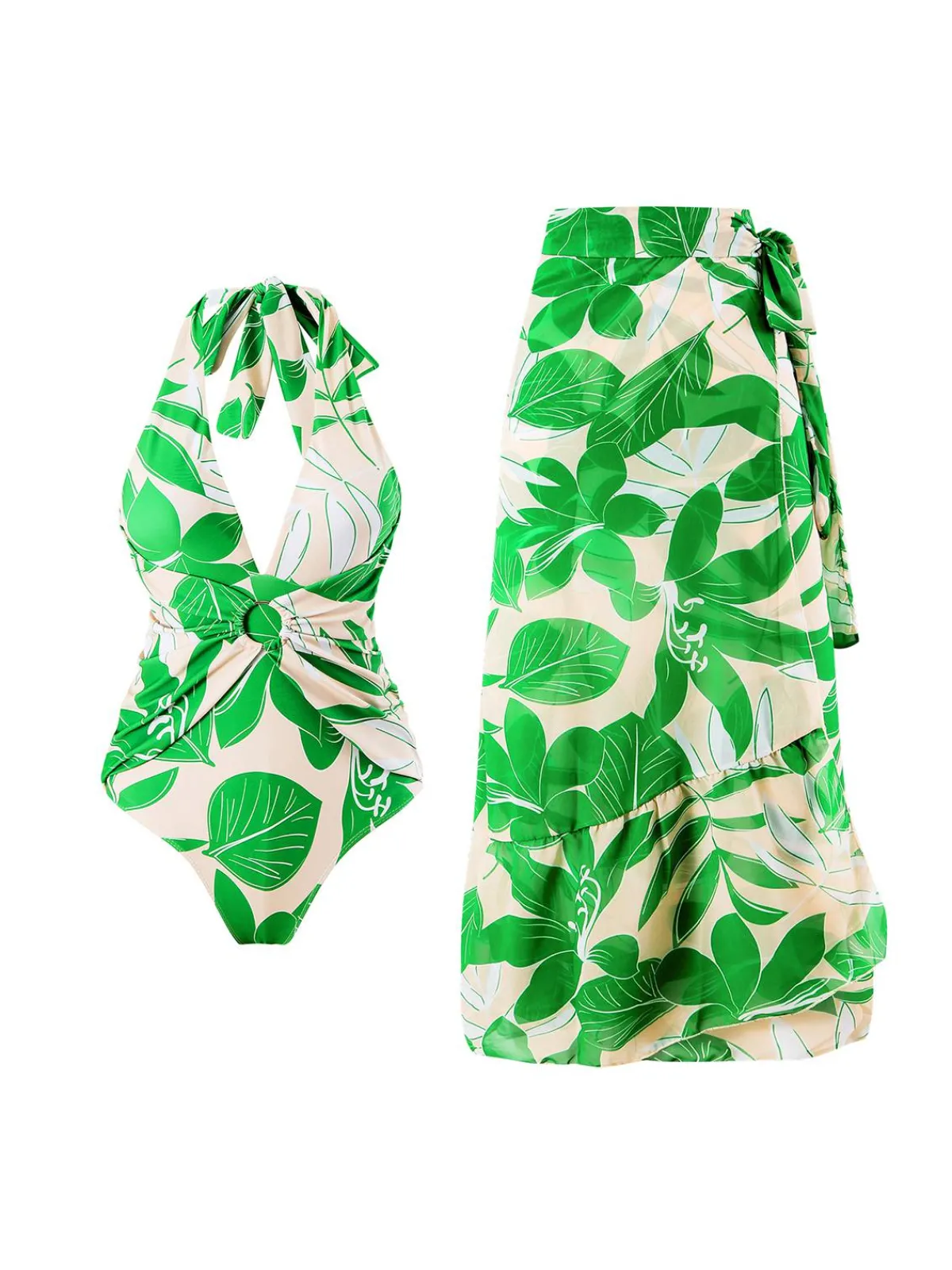 Sale Retro Stage 1960s Plant Prints Halter One-Piece Swimsuit Green