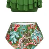 Online Retro Stage Green 1950s Plants Print Bandeau Bikini Swimsuit