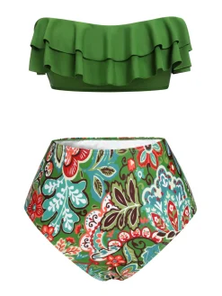 Online Retro Stage Green 1950s Plants Print Bandeau Bikini Swimsuit
