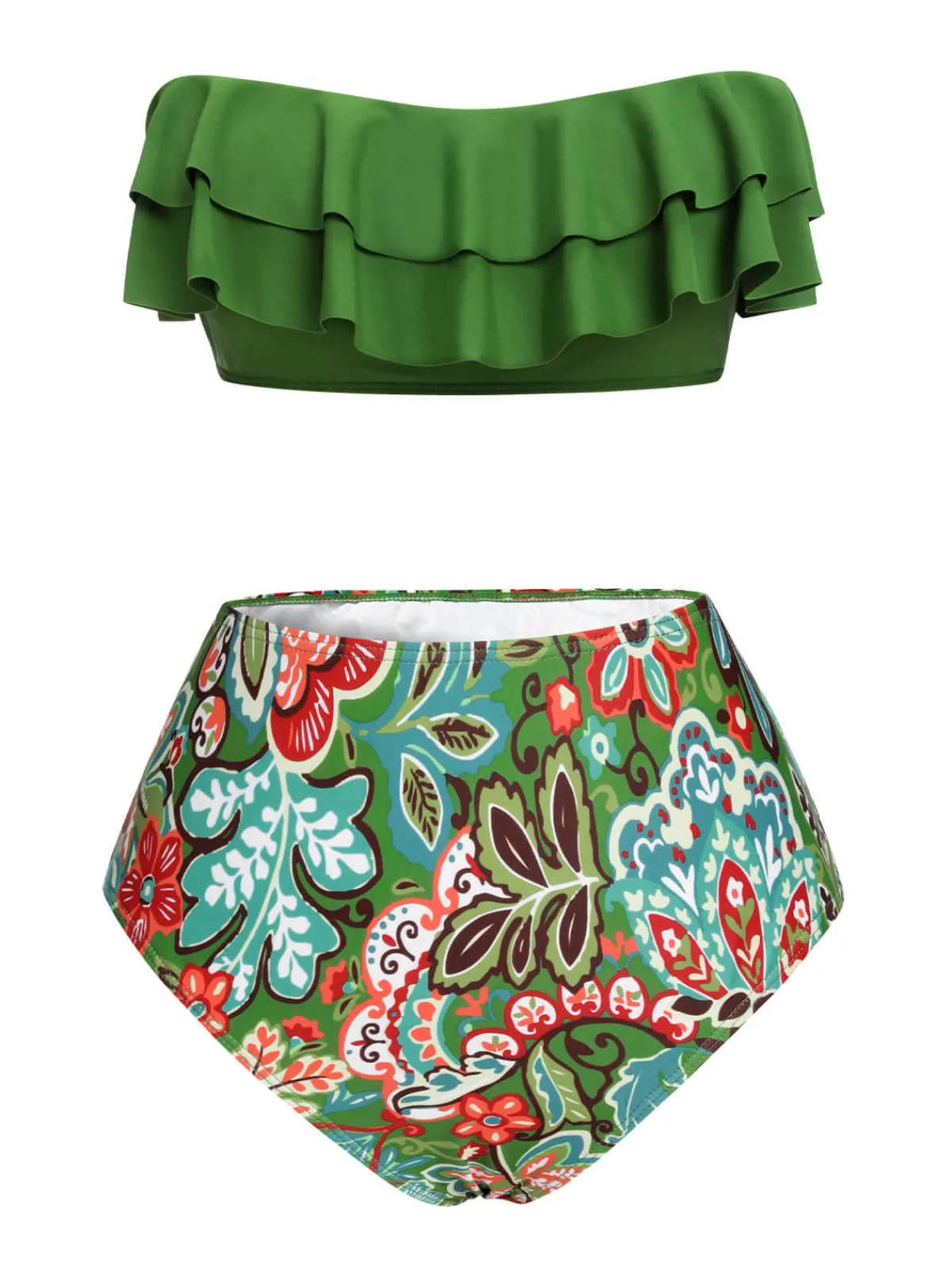 Online Retro Stage Green 1950s Plants Print Bandeau Bikini Swimsuit