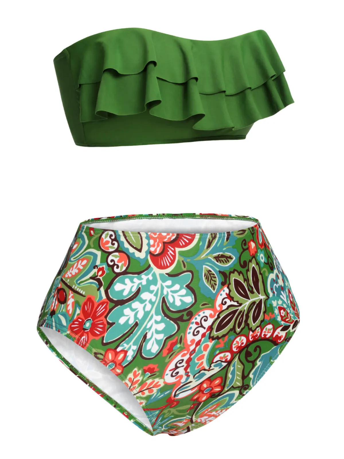 Online Retro Stage Green 1950s Plants Print Bandeau Bikini Swimsuit