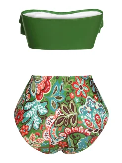 Online Retro Stage Green 1950s Plants Print Bandeau Bikini Swimsuit