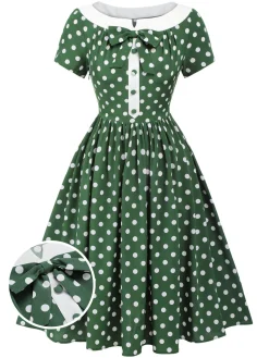 Best Retro Stage 1940s Polka Dot Bowknot Patchwork Dress Green