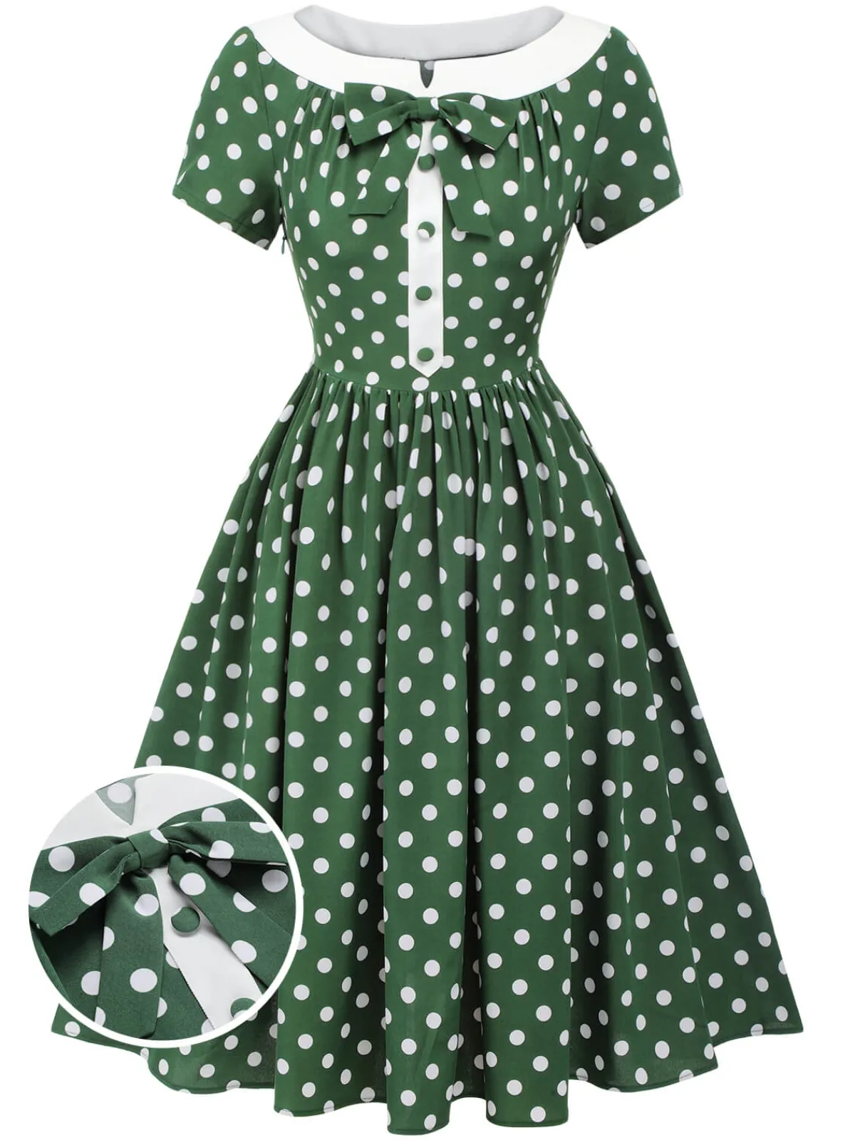Best Retro Stage 1940s Polka Dot Bowknot Patchwork Dress Green