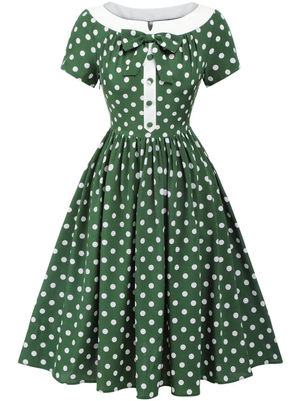 Best Retro Stage 1940s Polka Dot Bowknot Patchwork Dress Green