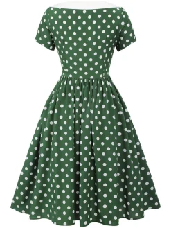 Best Retro Stage 1940s Polka Dot Bowknot Patchwork Dress Green