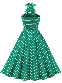 New Retro Stage Green 1950s Polka Dot Halter Dress