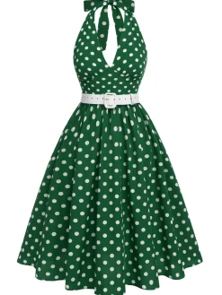 Best Retro Stage Green 1950s Polka Dot Halter Dress