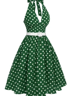 Best Retro Stage Green 1950s Polka Dot Halter Dress