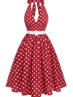 Best Retro Stage Green 1950s Polka Dot Halter Dress