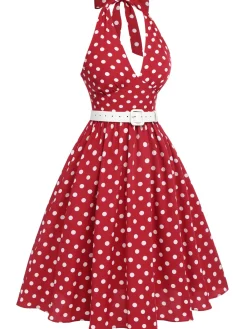 Best Retro Stage Green 1950s Polka Dot Halter Dress