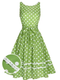 Clearance Retro Stage 1950s Polka Dot Lace Binding Dress Green
