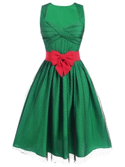 Discount Retro Stage 1950s Polka Dot Mesh Patchwork Dress Green