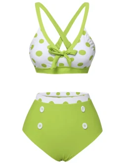 Clearance Retro Stage 1950s Polka Dot V-Neck Swimsuit Green