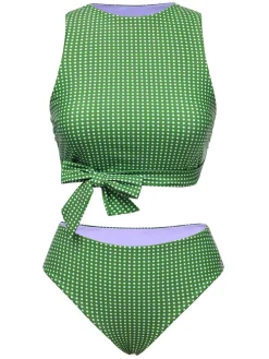 Sale Retro Stage 1950s Polka Dots Bow Swimsuit Green