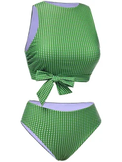 Sale Retro Stage 1950s Polka Dots Bow Swimsuit Green