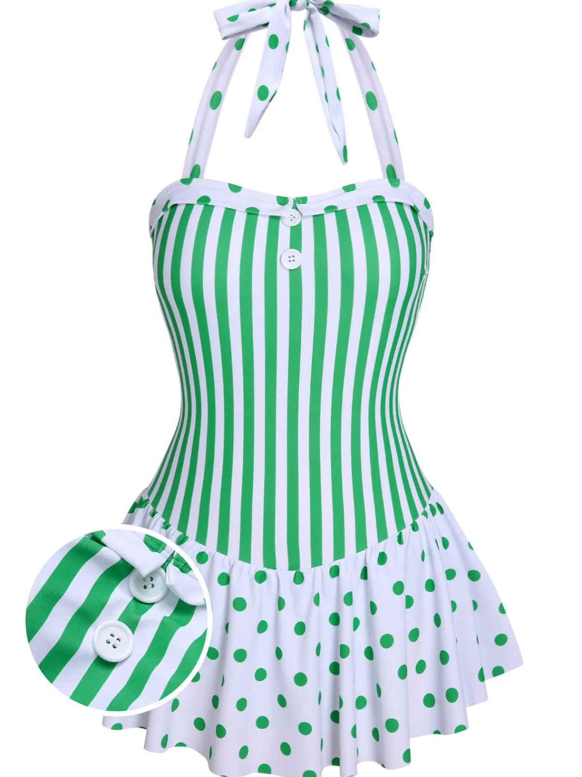Best Retro Stage Green 1940s Polka Dots Stripes Halter Swimsuit Light Green