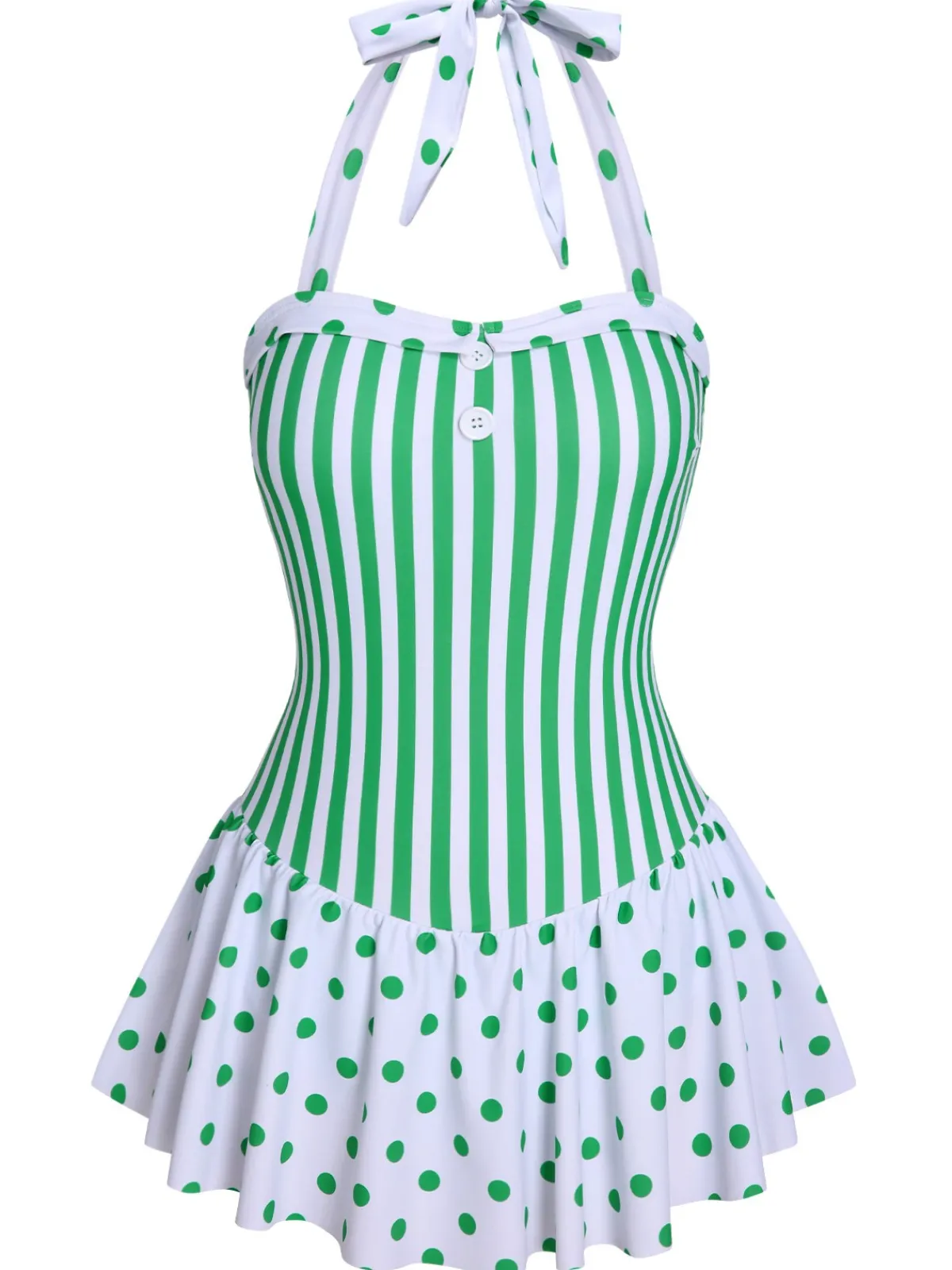 Best Retro Stage Green 1940s Polka Dots Stripes Halter Swimsuit Light Green