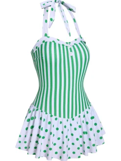 Best Retro Stage Green 1940s Polka Dots Stripes Halter Swimsuit Light Green