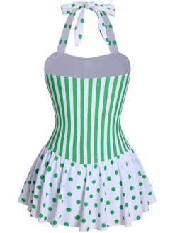 Best Retro Stage Green 1940s Polka Dots Stripes Halter Swimsuit Light Green