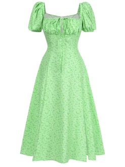 New Retro Stage 1970s Puff Sleeve Ditsy Floral Slit Dress Green