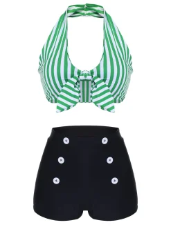 Sale Retro Stage Green 1950s Retro Halter Stripes Bikini Set