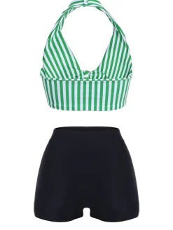 Sale Retro Stage Green 1950s Retro Halter Stripes Bikini Set