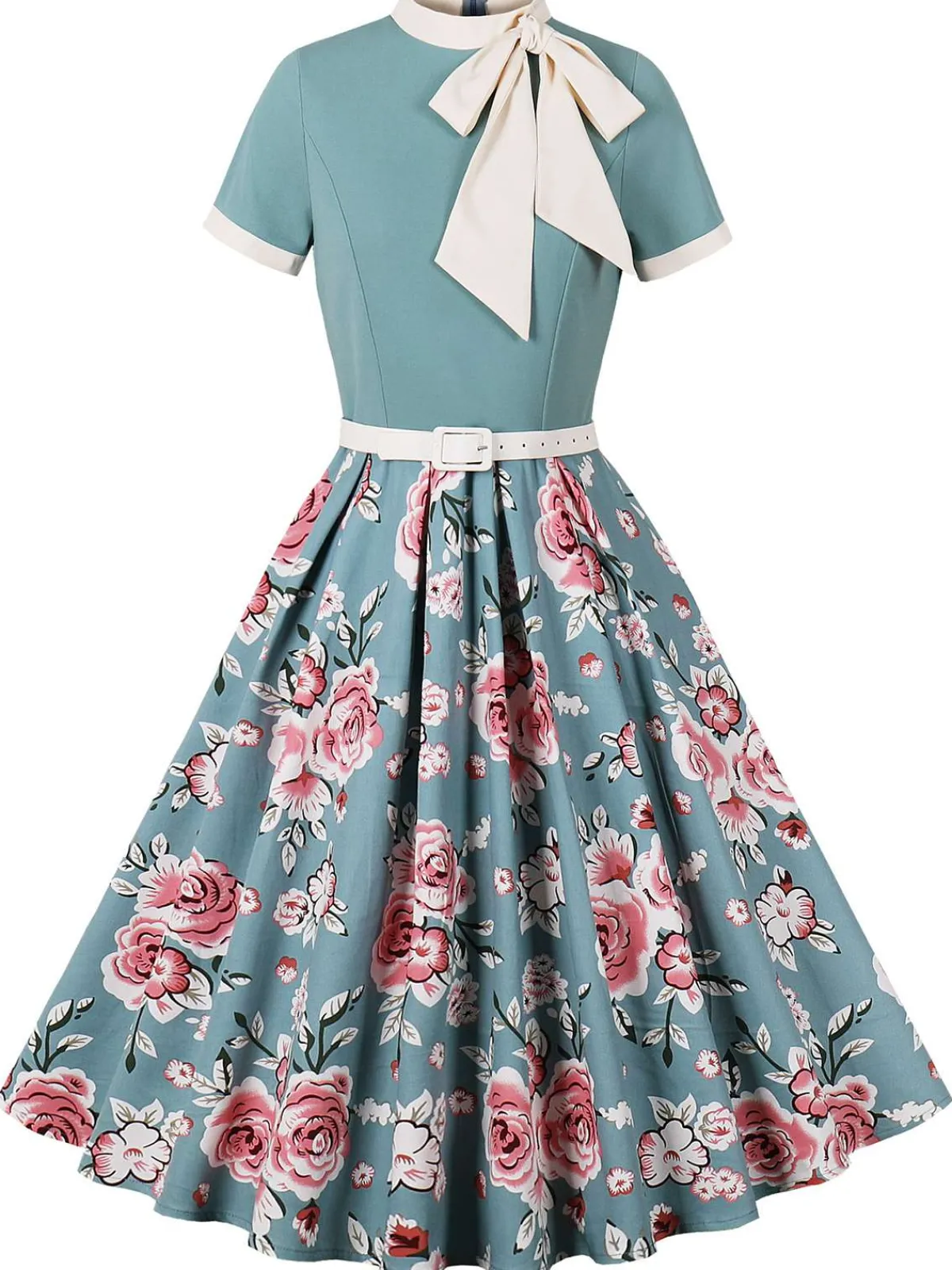 Best Retro Stage Green 1950s Rose Patchwork Tie Collar Dress Lake Green