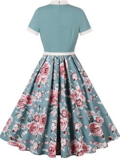 Best Retro Stage Green 1950s Rose Patchwork Tie Collar Dress Lake Green