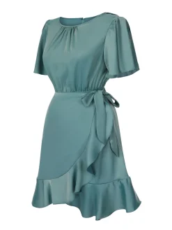 Hot Retro Stage 1980s Round Neck Solid Ruffles Mermaid Dress Green