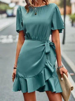 Hot Retro Stage 1980s Round Neck Solid Ruffles Mermaid Dress Green