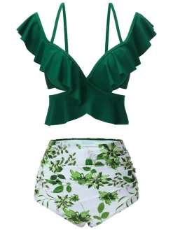 Online Retro Stage 1940s Ruffles Floral Spaghetti Strap Swimsuit Green