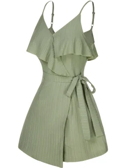 New Retro Stage 1950s Ruffles Spaghetti Straps Romper Green