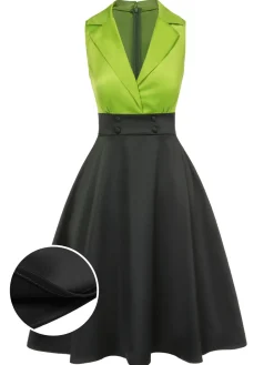 Best Retro Stage 1950s Satin Lapel Patchwork Dress Green