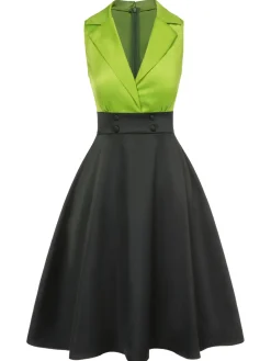 Best Retro Stage 1950s Satin Lapel Patchwork Dress Green