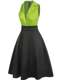 Best Retro Stage 1950s Satin Lapel Patchwork Dress Green