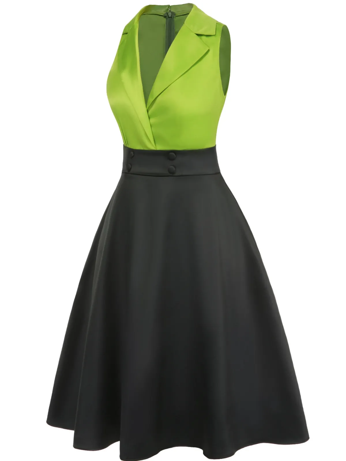 Best Retro Stage 1950s Satin Lapel Patchwork Dress Green