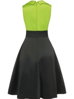 Best Retro Stage 1950s Satin Lapel Patchwork Dress Green