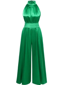 Outlet Retro Stage Green 1930s Satin Stand Collar Wideleg Jumpsuit Bright Green