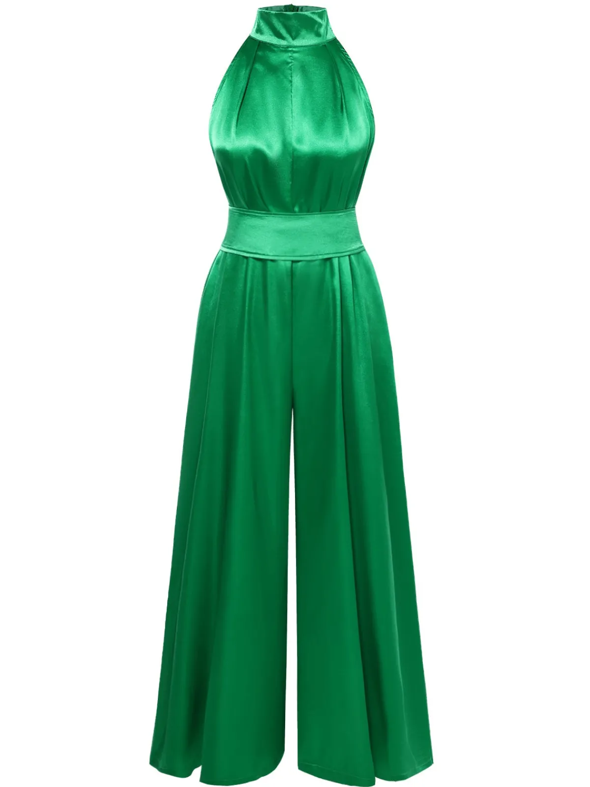 Outlet Retro Stage Green 1930s Satin Stand Collar Wideleg Jumpsuit Bright Green