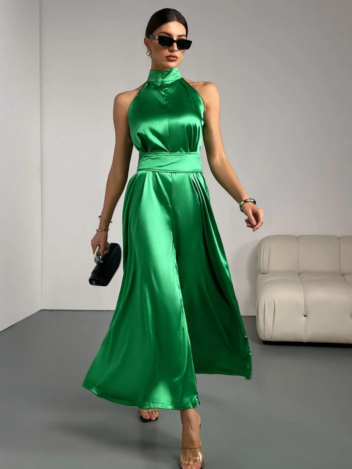 Outlet Retro Stage Green 1930s Satin Stand Collar Wideleg Jumpsuit Bright Green