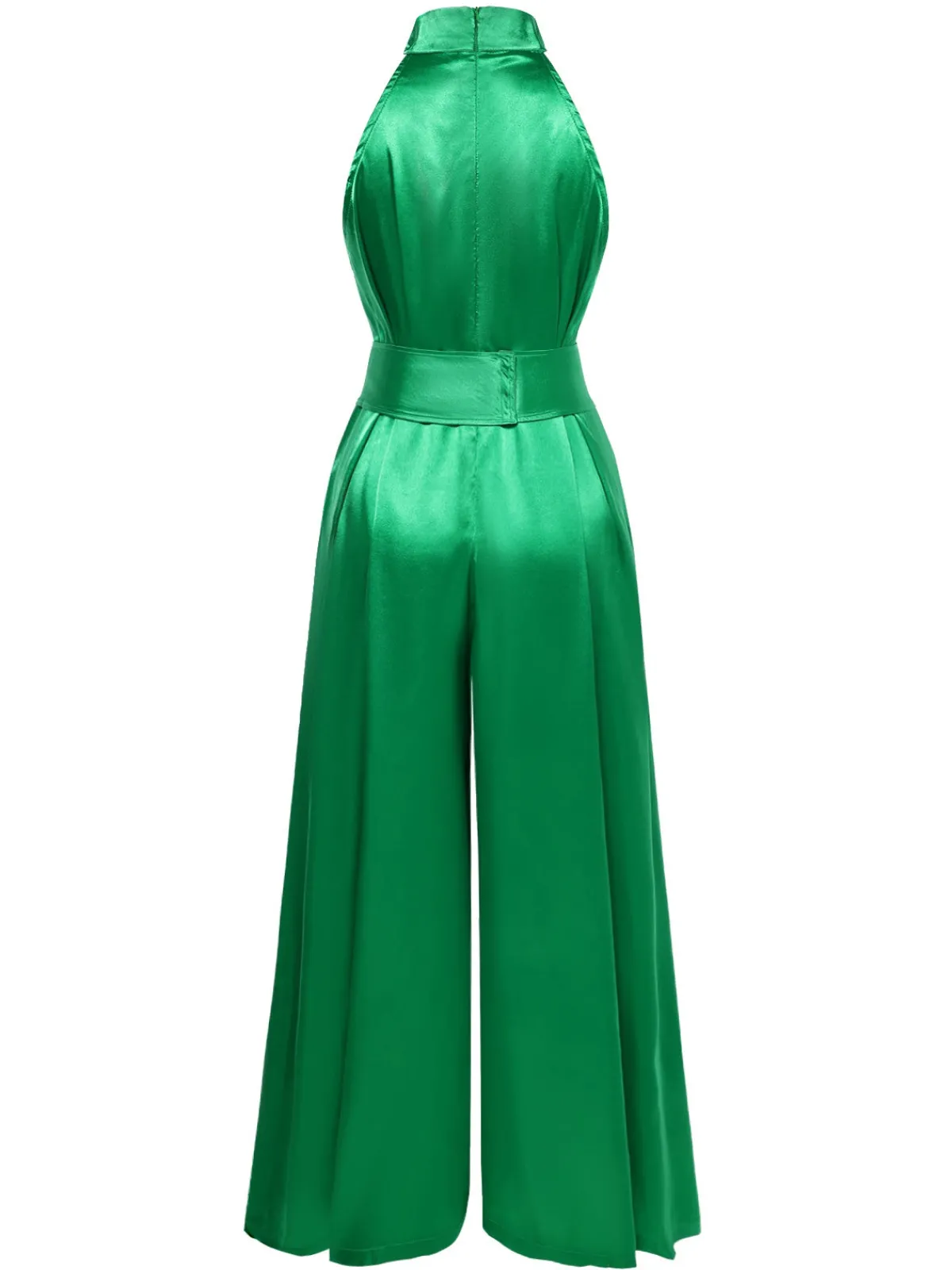 Outlet Retro Stage Green 1930s Satin Stand Collar Wideleg Jumpsuit Bright Green