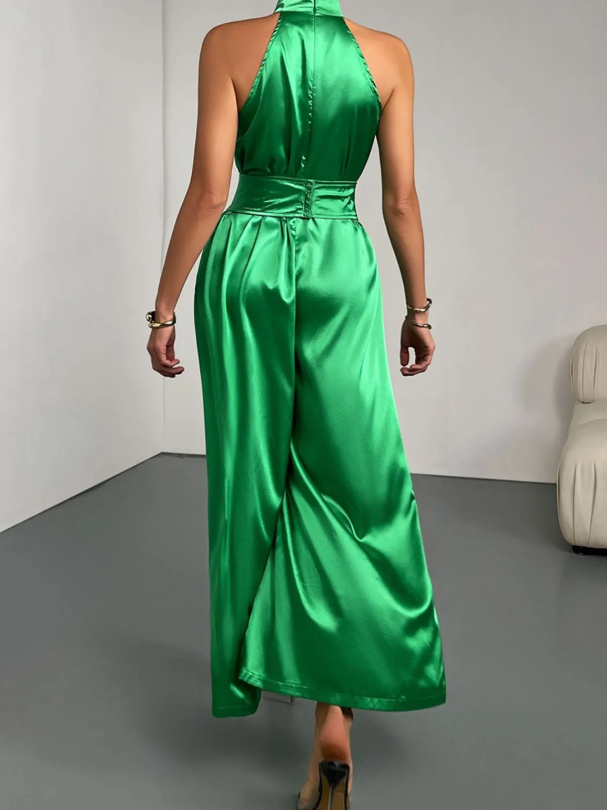 Outlet Retro Stage Green 1930s Satin Stand Collar Wideleg Jumpsuit Bright Green