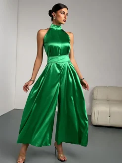 Outlet Retro Stage Green 1930s Satin Stand Collar Wideleg Jumpsuit Bright Green
