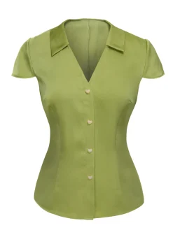 Best Retro Stage 1940s Satin V-Neck Buttons Shirt Green