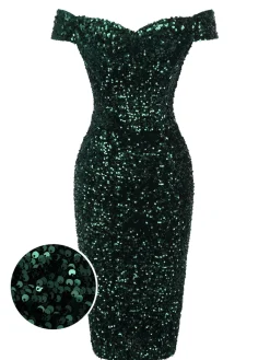 Hot Retro Stage Green 1960s Sequins Off-Shoulder Pencil Dress Dark Green