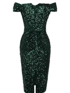 Hot Retro Stage Green 1960s Sequins Off-Shoulder Pencil Dress Dark Green