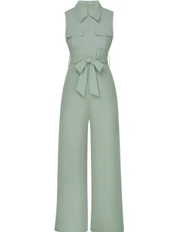 Clearance Retro Stage 1930s Shirt Collar Belted Jumpsuit Green